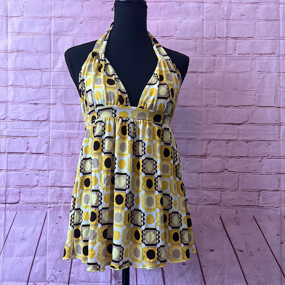 Yellow and brown geometric print halter
